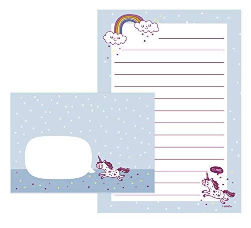 Unicorn stationery set for girls: 25 sheets of DIN A5, lined and 10 envelopes (children, pink/blue)