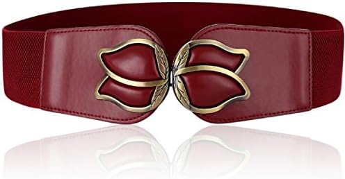 Wenecho Width 2.36 inch Wide Elastic Stretch Cinch Belt Fashion Metal Interlock Buckle Waist Belts for Women Plus Size (Wine Red, M)