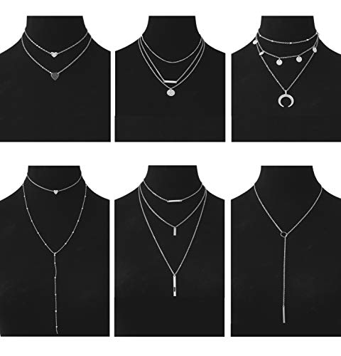 Masedy 6Pcs 18K Gold-Plated Layered Choker Necklace for Women Girls Long Chain Necklace Adjustable Silver