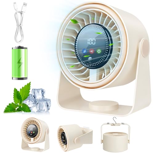 Silent Table Fan, Powerful USB Rechargeable Battery Powered Fan 3 in 1 Portable Fan 5 Speed 360° Adjustable Desk Fan for Camping Office Kitchen Camper