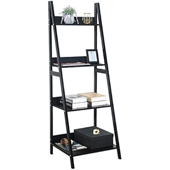 GreenForest Ladder Shelf 4 Tier Bookcase Metal and Wood Bookshelf Home Office Storage Rack Shelf Plant Stand (Black)