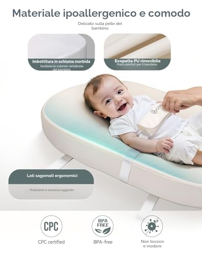 COMOMY Vegan Leather Changing Mat, 80 x 40 cm, Waterproof and Washable, with Safety Belt and Non-Slip Design, Soft Lightweight Changing Pad (Beige)