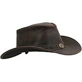 Walker and Hawkes Cowhide Antique Explorer Outback Hat - Wide Brim Waterproof UPF 50+ Leather Hat with Removable Chin Strap