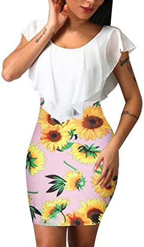 Package Hip Dress for Women Summer Ladies Floral Dress Short Sleeve Splicing Flower Printing Buttock Party Mini Dress