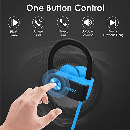 Bluetooth Headphones,ANBES IPX7 Waterproof Wireless Earbuds,Sports Earbuds with Ear Hooks & Mic, HD Stereo Sound in-Ear Bluetooth Earbuds, Up to 8 Hours Playing Time Gym Running (Blueblack)