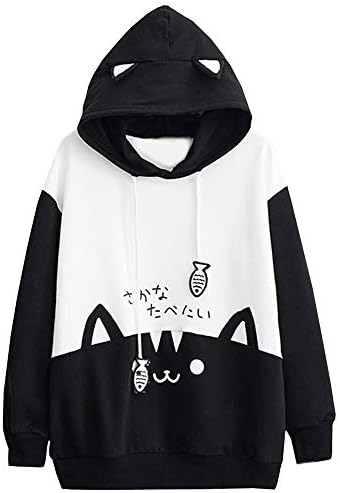 Red Ta Women Casual Cat Letter Print Long Sleeve Hoodie Sweatshirt, Ladies Kawaii Neko Pullover Top Blouse
