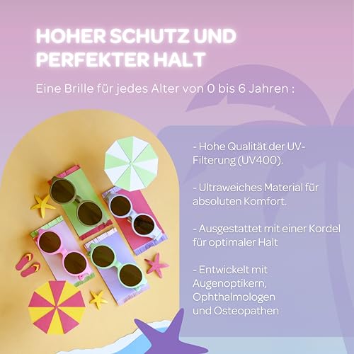 , Sonnenbrille für Kinder 2-4 Jahre, 100% UV Schutz - Kategorie 3, Seitenschutz, Optimaler Komfort, 360° verstellbare Bügel, Perlblau