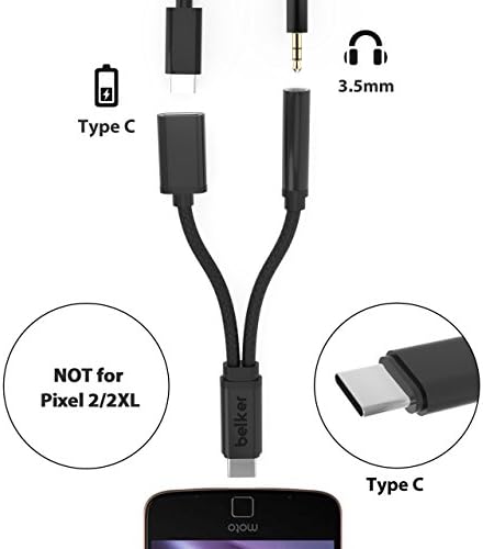2 in 1 USB C to 3.5mm Headphone Jack Adapter，Belker Nylon Braided 2 in 1 Type C to 3.5mm Audio Charge Cable for MotoZ, Huawei Mate 10 Pro, Xiaomi 6 etc (Black)