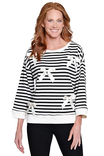 Ali Miles Knit Popover Sweater Bow Ribbon Detail, Black Stripe, S