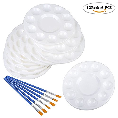 12 Pack Round Paint Tray Plastic Palettes with 6 Pcs Hair Paint Brush Painting Set for Acrylic Painting Watercolor DIY Craft Cupcakes Oil painting (10 Wells, white)