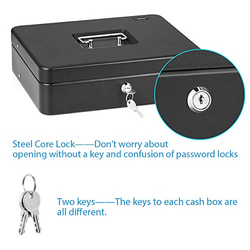 INFUN Cash Box with Money Tray and Lock, Durable Large Steel Money Boxes for Adults, Black Petty Cash Box (Cash Box with Coin lid)