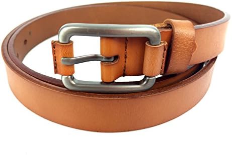 Women's Belt For Jeans By Loccol In Split Cow Leather Old Silver buckle 23mm Wide Camel Color