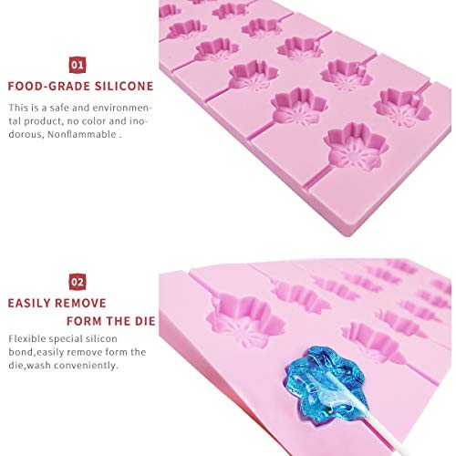 Akingshop 12 Capacity Silicone Cherry Blossoms Lollipop Mold Set, Sucker Molds and Chocolate Hard Candy Mold with 50pcs Lollipop Sucker Sticks, Candy Treat Bags, Gold Ties. (Cherry Blossoms Pink)