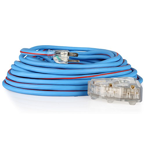 Miusco Extreme Weather 100 ft 14 Gauge Heavy Duty Outdoor Extension Cord, 14/3 SJEOW, Triple Outlet, Lighted Plug