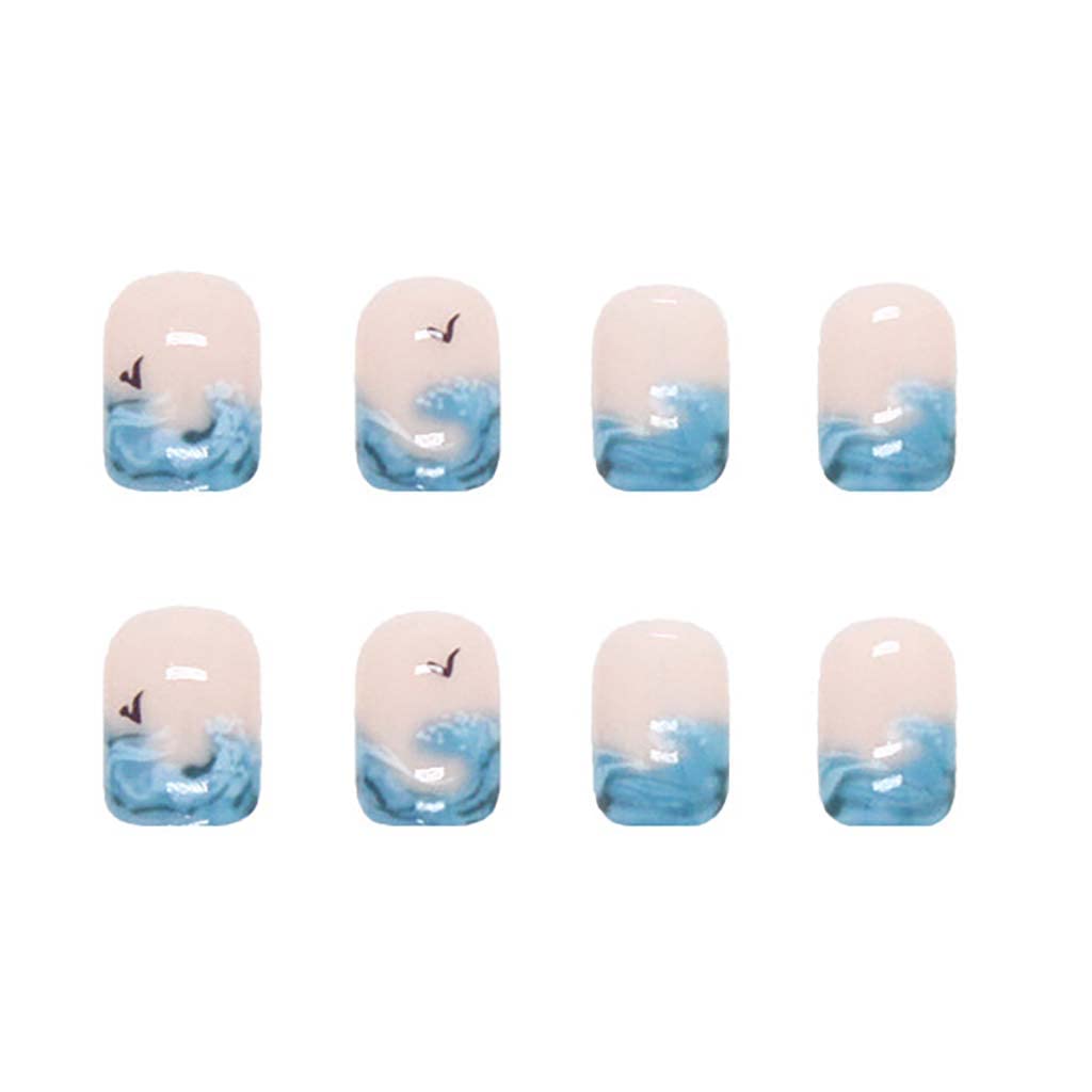 RikView French Tip Press on Nails Short Fake Nails Square Stick on Nails Nails with Waves Design Blue Nails for Women - Image 2