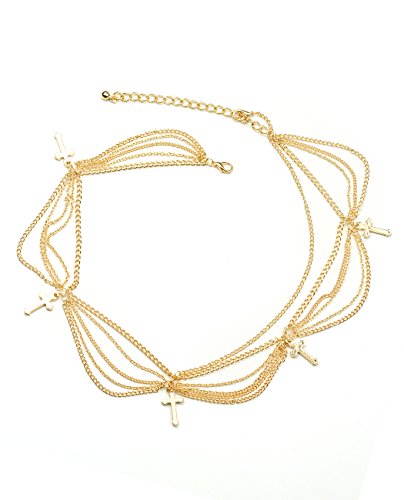 Women's Bohemian Fashion Head Chain Jewelry - Cross Charm 4 Draping Strand, Gold-Tone