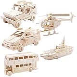 Traffic Transportation 3D Wooden Puzzle, Car Bus Helicopter Patrol Boat Jeep DIY Models Set Puzzle Gift Brain Teaser Toy for Kids Adult