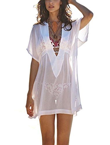 PAKULA Women's Sexy Translucent Deep V Neck Swimsuit Cover Up Dress, White, Small,Small,White