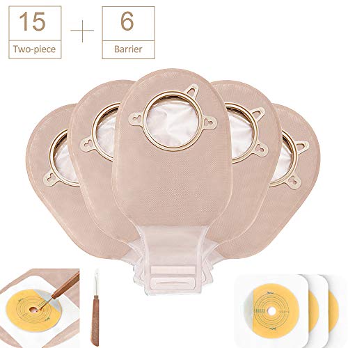 Carbou Two Piece Ostomy Bags Drainable Pouches with Closure 12", Ostomy Supplies Colostomy Bags for Ileostomy Stoma Care,Cut-to-Fit, FDA Approved (15pcs Bags+6pcs Barrier)