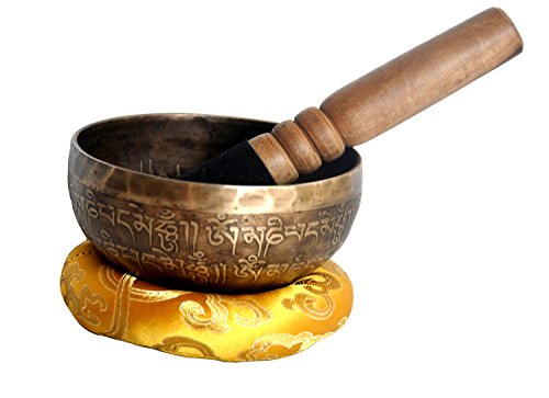 4" Mantra Carved Buddha Tibetan Singing Bowl, Hand Hammered Nepal Yoga Singing Bowls with Cushion & Mallet Striker