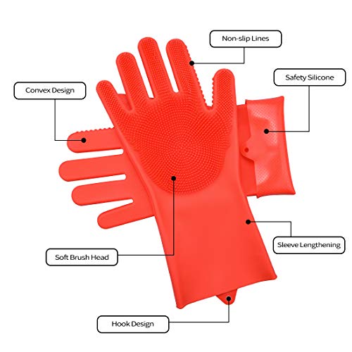 Magic Saksak Silicone Gloves, Silicone Cleaning Gloves for Kitchen Bathroom Cleaning, Pet Hair Care, Car Washing (1 Pair, Red)