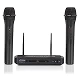 Dual Channel Wireless Microphone System - Dual Frequency Wireless Mic Receiver Set with 2 Handheld Dynamic Transmitter Mics, Receiver Base - PA, Karaoke, Dj Party - Pyle PDWM2130