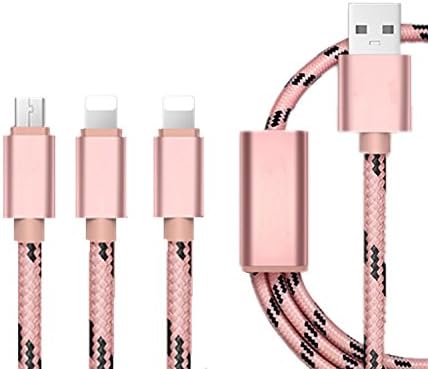 iPowertech Multi Charger, 3 in 1 Lightning & Micro USB Nylon Braided Charging Cable with 8 Pin Lightning / Micro USB 2.0 Ports for iPhone 6/6S plus/5/SE, iPad Air/mini, Android devices(Rose Gold)
