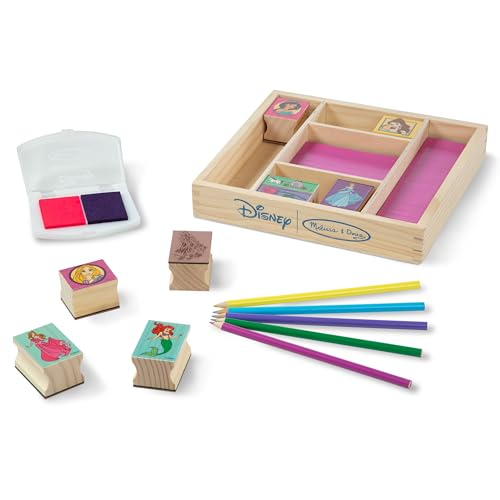 Melissa & Doug Disney Princess Wooden Stamp Set: 9 Stamps, 5 Colored Pencils, and 2-Color Stamp Pad Disney Princess Coloring, Stamps with Washable Ink, for Kids Ages 4+
