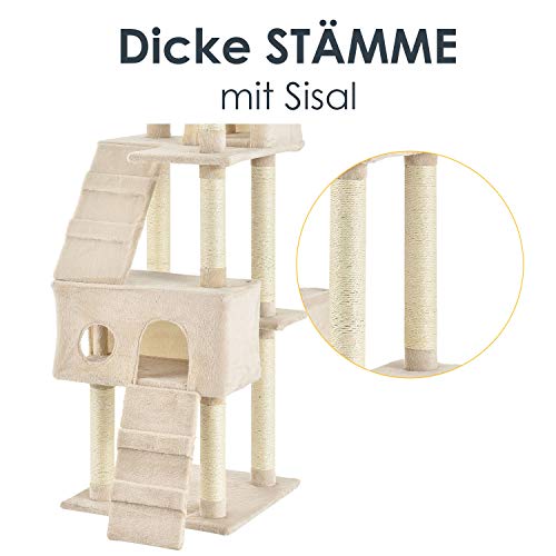 Juskys XXL Kratzbaum Amy - Katzenbaum mit Höhlen, Liegeflächen, Leitern & Sisal-Stämmen - Stabiler Kletterbaum für Katzen 170 cm hoch - Beige – Bild 8