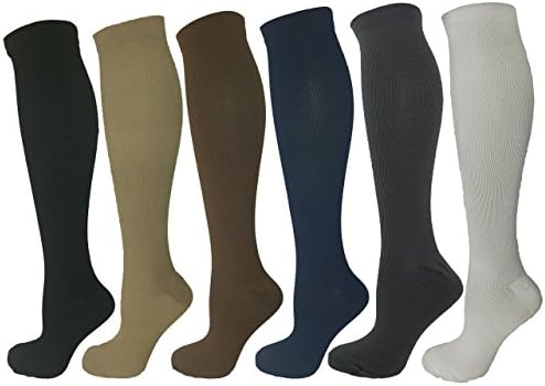 6 Pair L/XL Ladies Compression Socks, Moderate/Medium Compression 15-20 mmHg. Muscle Soreness, Post-Surgery, Maternity, Running, Football, Nurses, Travel & Flight Knee-High Stockings. Assorted Colors