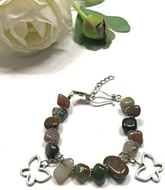 Natural Tumbled Multi-Color Agate Bracelet. Easy Hook Closure. Butterfly Charms. Transformation. Abundance Stone. Heart Chakra Balance.