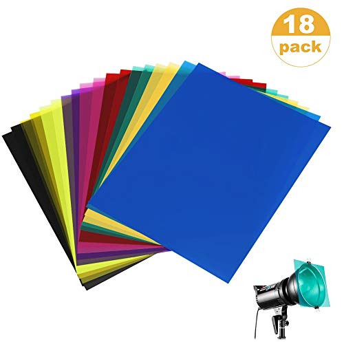 SAKOLLA 18 Pack Color Correction Gel Light Filter - Transparent Color Lighting Gel Filter Plastic Sheets, 8.5 by 11 Inches, 9 Colors