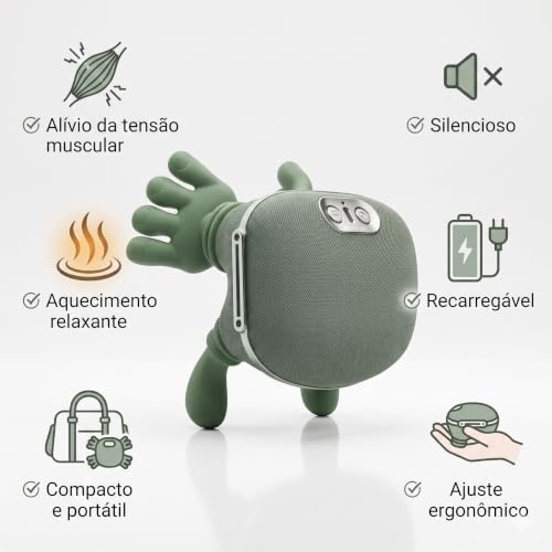 Massageador Cervical e Corporal "Mãozinha" com Aquecimento, 3 Intensidades, Sem Fio, Recarregável USB-C, Alívio e Relaxamento