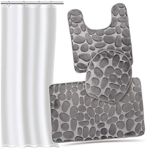 Effiliv 3 Piece Bathroom Rugs Set - Memory Foam Bath Mats, Extra Soft + Shower Liner, Grey