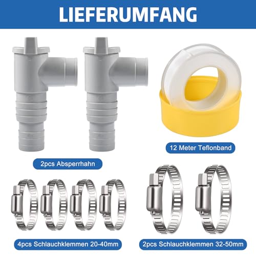 2 x Stop Valve for Swimming Pool, 32 mm Stop Valve, 32 mm Pool Tap with 6 Clamps, Piston Valve Pool Parts, Pool Maintenance Accessories