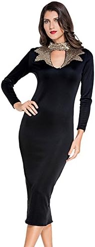 Women's Black Gold Sequins Mock Neck Long Sleeve Bodycon Midi Dress (X-Large)