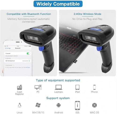 NETUM Escáner de código de barras Bluetooth, compatible con función inalámbrica y Bluetooth 2.4G y conexión por cable, conecta teléfono inteligente, tableta, PC, lector de código de barras (NT-1228BC)