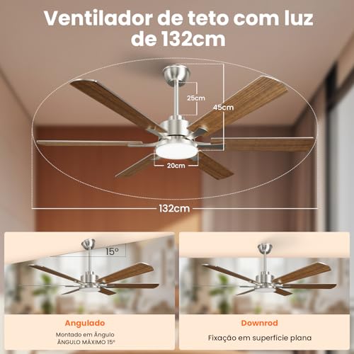 Ventilador de Teto Silencioso com Controle Remoto, 127V/220V, 132.08cm, 3 Cores, 6 Velocidades e Função Reversa