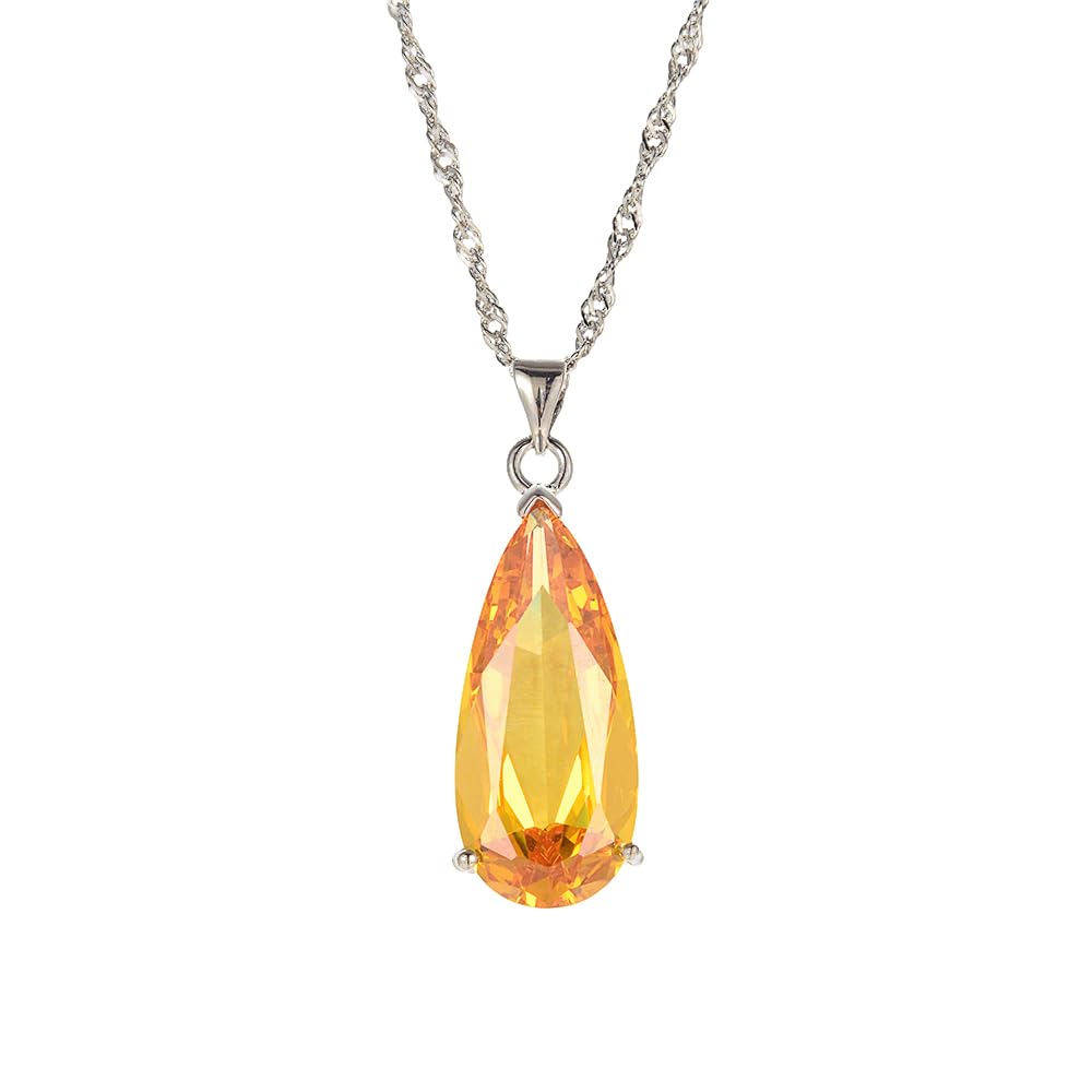 Rizilia Jewellery 18K White Gold Plated Teardrop Yellow Citrine Color Gem Stone Slide Pendant Necklace With (Length 18inch+1.5inch extender ) Curb Chain [Free Jewelry Pouch] — image 1