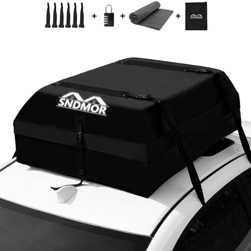 SNDMOR Roof Bag, 425L/15 Cubic Feet Waterproof Roof Luggage Suitable for All Vehicles with/Without Luggage Rack, Includes Non-Slip Mat + 4 Reinforcement Straps (Black)