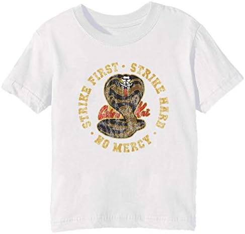 Cobra Kai - Strike First - Strike Hard - No Mercy - HD Distressed Variant 3 Kids Unisex Boys Girls T-Shirt White Tee Crew Neck Short Sleeves