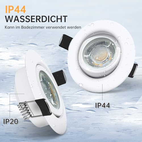wowatt LED Spotlights, 230 V, Dimmable, 5.5 W Recessed Spotlights, LED, White, Replaces 60 W Halogen Ceiling Spotlights, 68 mm, Swivelling, Ultra Flat, IP44, Bathroom Recessed Lights, 2800 K, Warm