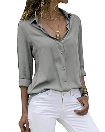 Yidarton Women's Long Sleeve V Neck Chiffon Blouses Tops Button Down Business Shirts(Gray,XXL)