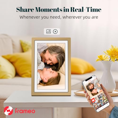 Frameo Digital Picture Frame WiFi Sunset Gold Frame 10.1 Inch Picture Frame with 1280x800 HD IPS Touchscreen, Built-in 32GB, Send Photo Video via Frameo App/USB/SD, Gifts for Women Men