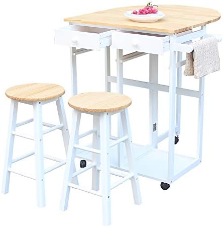 A dining cart with stools and a table for home use.