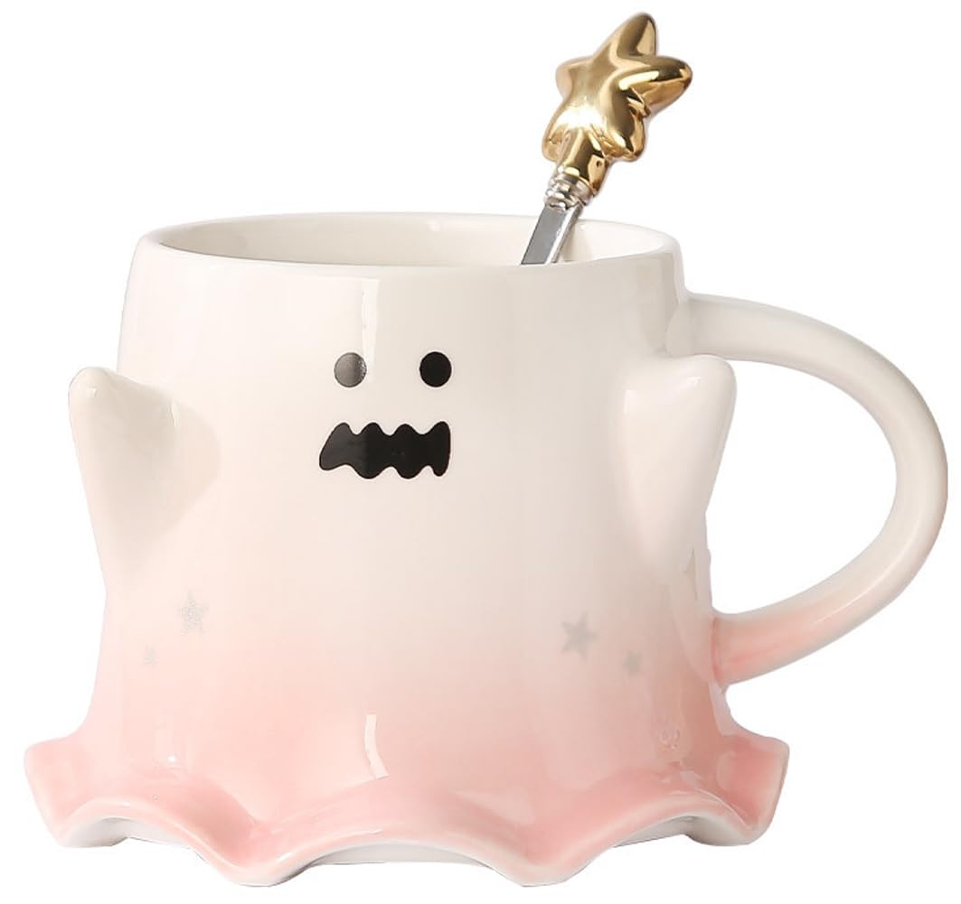 KKGUD Novelty Tea Cup, Ceramic 15.5oz Halloween Coffee Mug with Spoon- Scary Ghost (Pink)