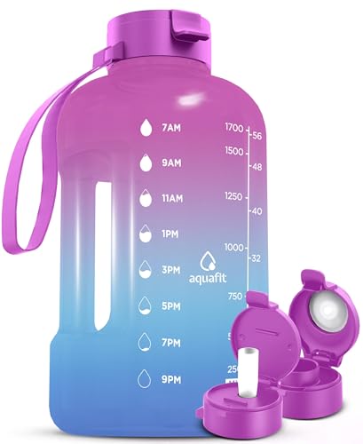 AQUAFIT 64 oz Water Bottle with Time Marker - Straw & Chug Lid - BPA Free Half Gallon Gym Water Bottle with Handle - Big Gallon Jug (Hazy Day, 64 Ounces)