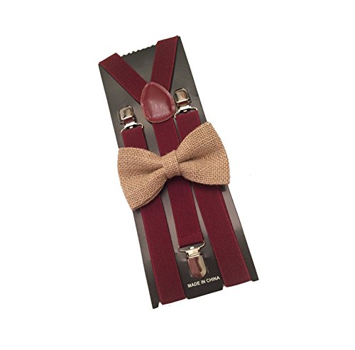 Burgundy Brown Suspender and Hemp Bow ties Set Combo Mens (Brown)