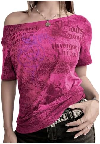 Women's Y2K Retro Printed Slanted Shoulder top, Loose and Slimming