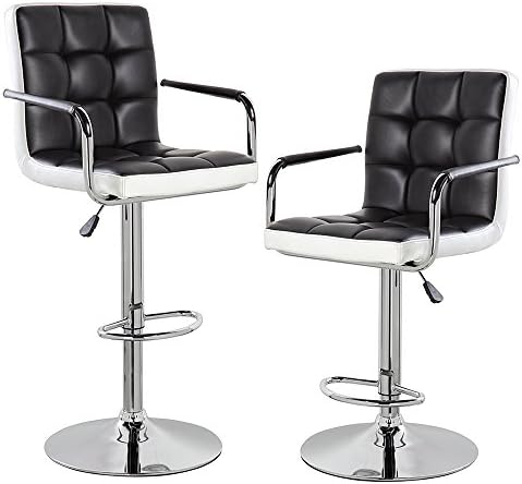 Modern Contemporary Leather Swivel Adjustable Counter Height Bar Stools with Backs and Arms Set of 2 Black White